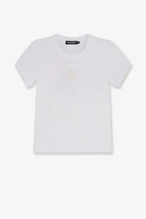 Dolce &amp; Gabbana women’s white cotton t-shirt with subtle shimmering logo embroidered on the chest
