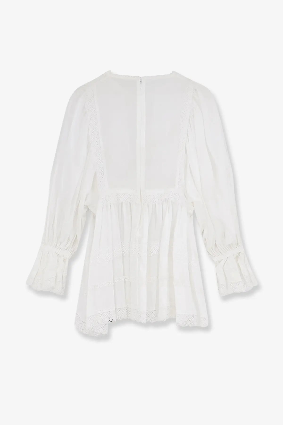 Dolce &amp; Gabbana women’s white cotton blouse with long sleeves, lace hem and cuffs, gathered waistline, and sheer fabric