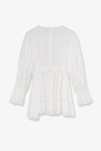Dolce &amp; Gabbana women’s white cotton blouse with long sleeves, lace hem and cuffs, gathered waistline, and sheer fabric