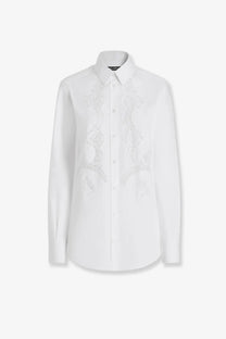 Dolce &amp; Gabbana women’s white cotton shirt with delicate lace detailing along the front placket and sleeves