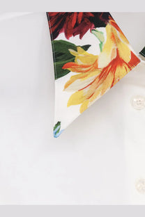 Dolce &amp; Gabbana women’s white cotton button-up shirt with vibrant red yellow and green floral collar pattern