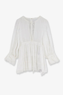 Dolce &amp; Gabbana women’s white cotton blouse with long sleeves embroidered featuring a tie-back neckline back view