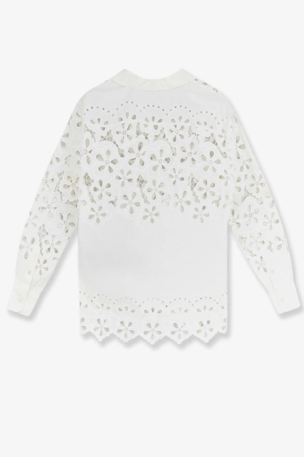 White cotton dolce and gabbana long-sleeved blouse with delicate floral eyelet embroidery on shoulders sleeves and hem