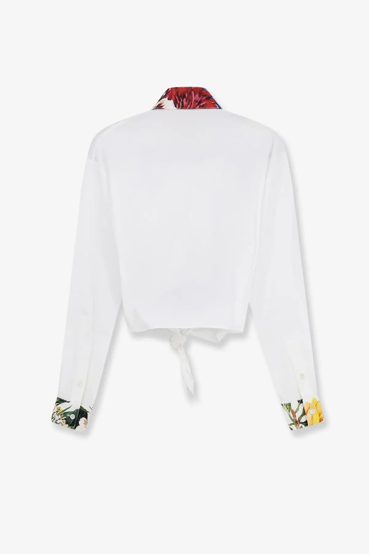 Dolce &amp; Gabbana women’s white cotton shirt with floral collar cuffs and tie-back detail shown from the back side