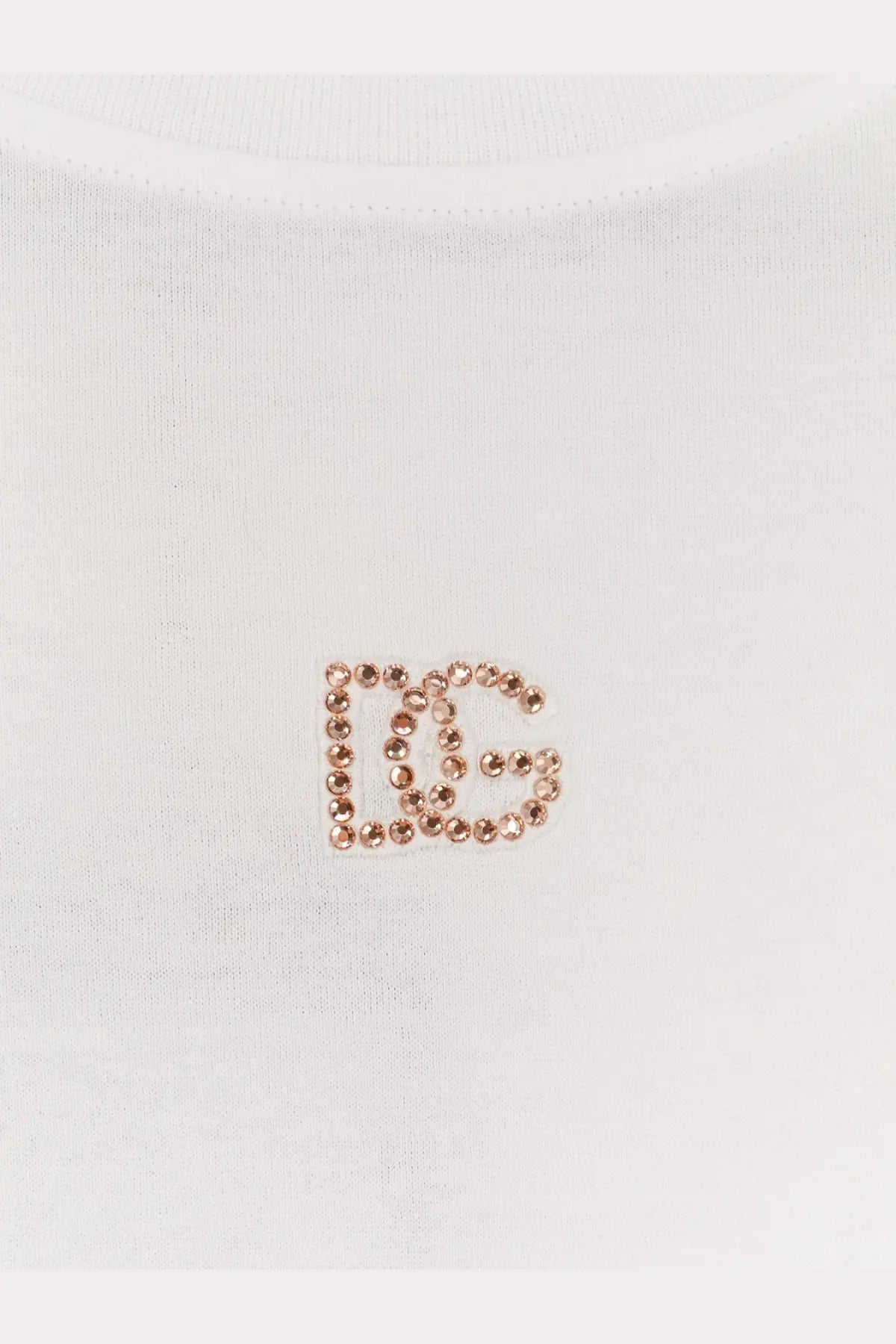 Dolce &amp; Gabbana women’s white cotton t shirt with rose gold rhinestone embellished dg logo on front