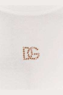 Dolce &amp; Gabbana women’s white cotton t shirt with rose gold rhinestone embellished dg logo on front