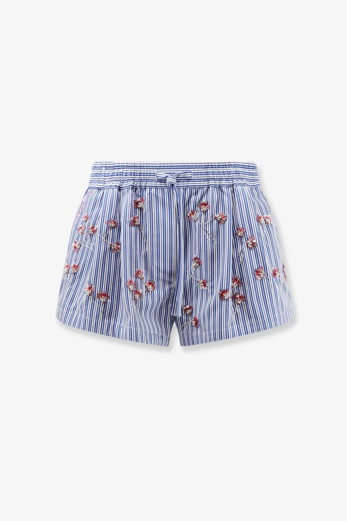 Dolce &amp; Gabbana women’s cotton shorts with blue and white stripes and delicate red floral embroidery