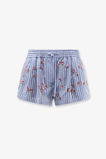 Dolce &amp; Gabbana women’s cotton shorts with blue and white stripes and delicate red floral embroidery