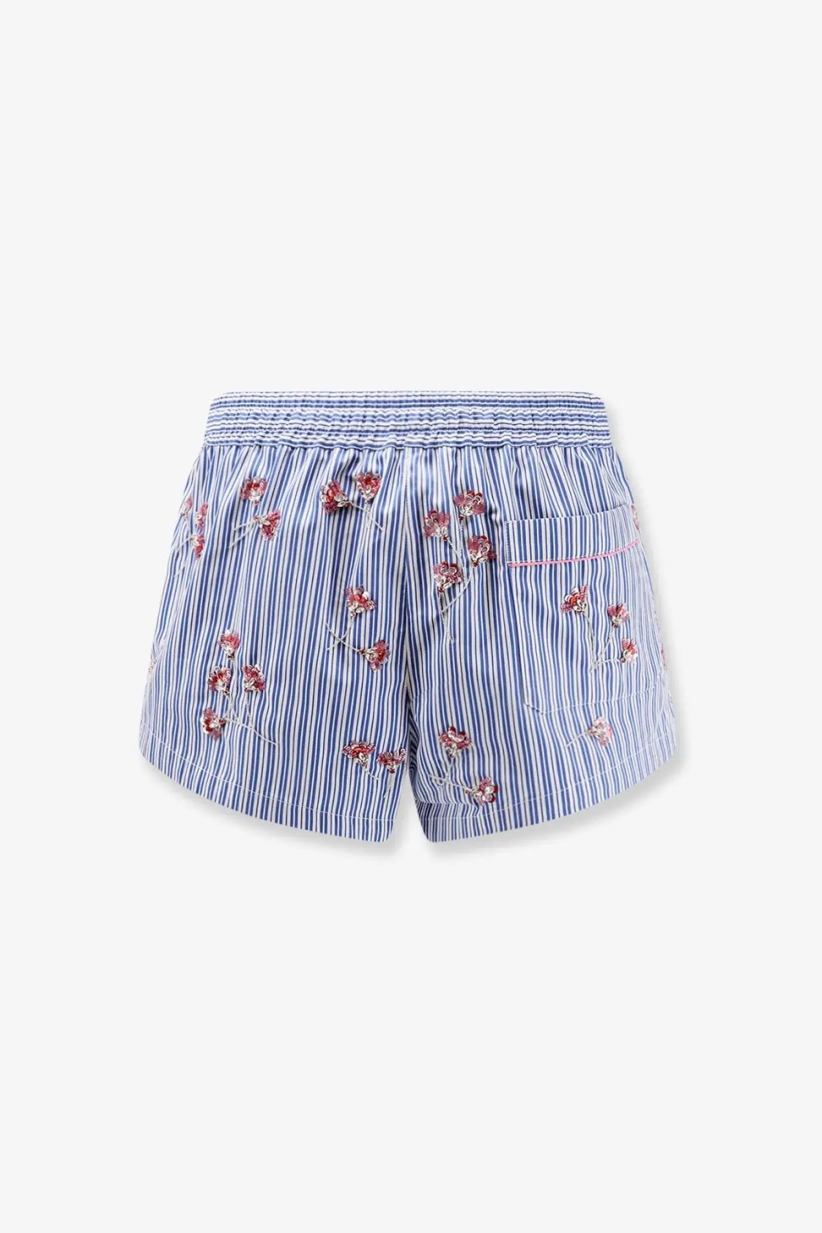 Dolce &amp; Gabbana women’s cotton shorts in blue and white stripes with delicate pink floral embroidery
