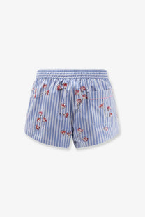 Dolce &amp; Gabbana women’s cotton shorts in blue and white stripes with delicate pink floral embroidery