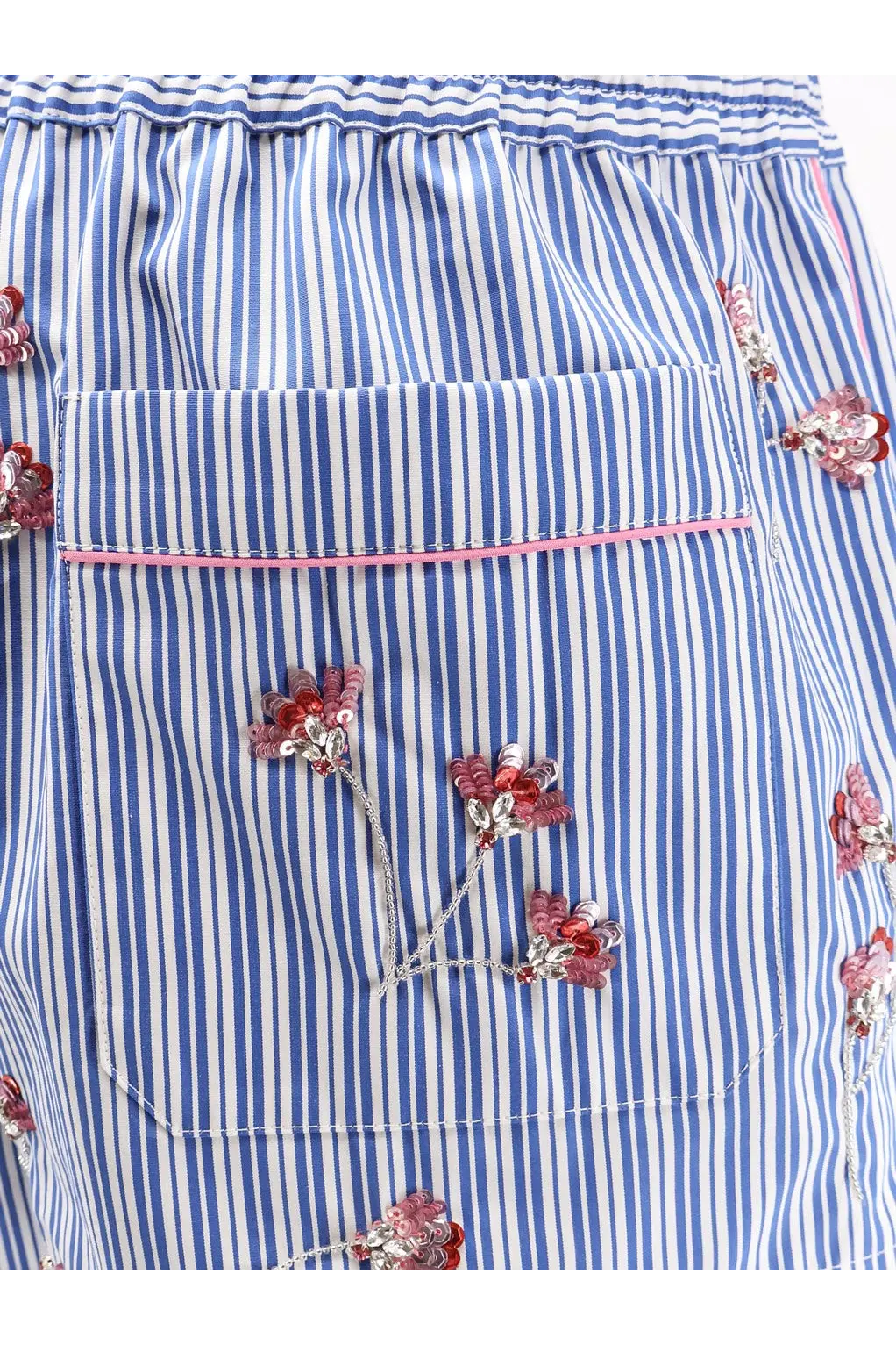 Dolce and Gabbana women’s cotton blue and white striped swim trunks with pink sequined floral embroidery on front pocket