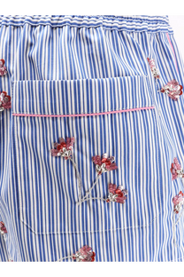 Dolce and Gabbana women’s cotton blue and white striped swim trunks with pink sequined floral embroidery on front pocket
