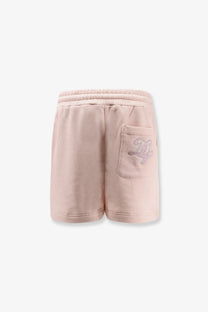 Back view of pastel pink dolce &amp; gabbana women’s cotton corduroy shorts with subtle embroidered logo on back pocket