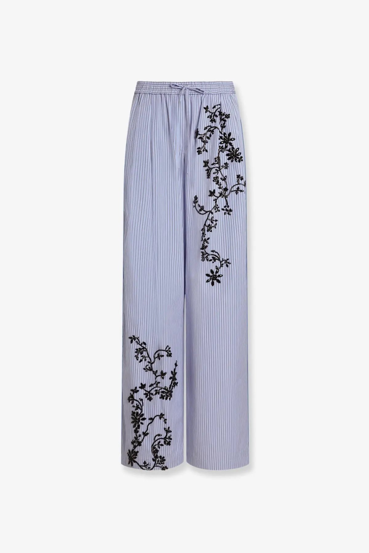 Dolce &amp; Gabbana women’s cotton and silk blend light blue and white striped wide-leg trousers with black floral embroidery
