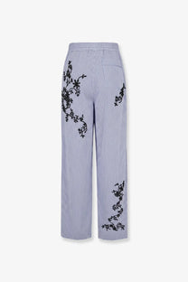 Dolce &amp; Gabbana women’s blue cotton and silk blend wide-leg trousers with white stripes and black floral embroidery