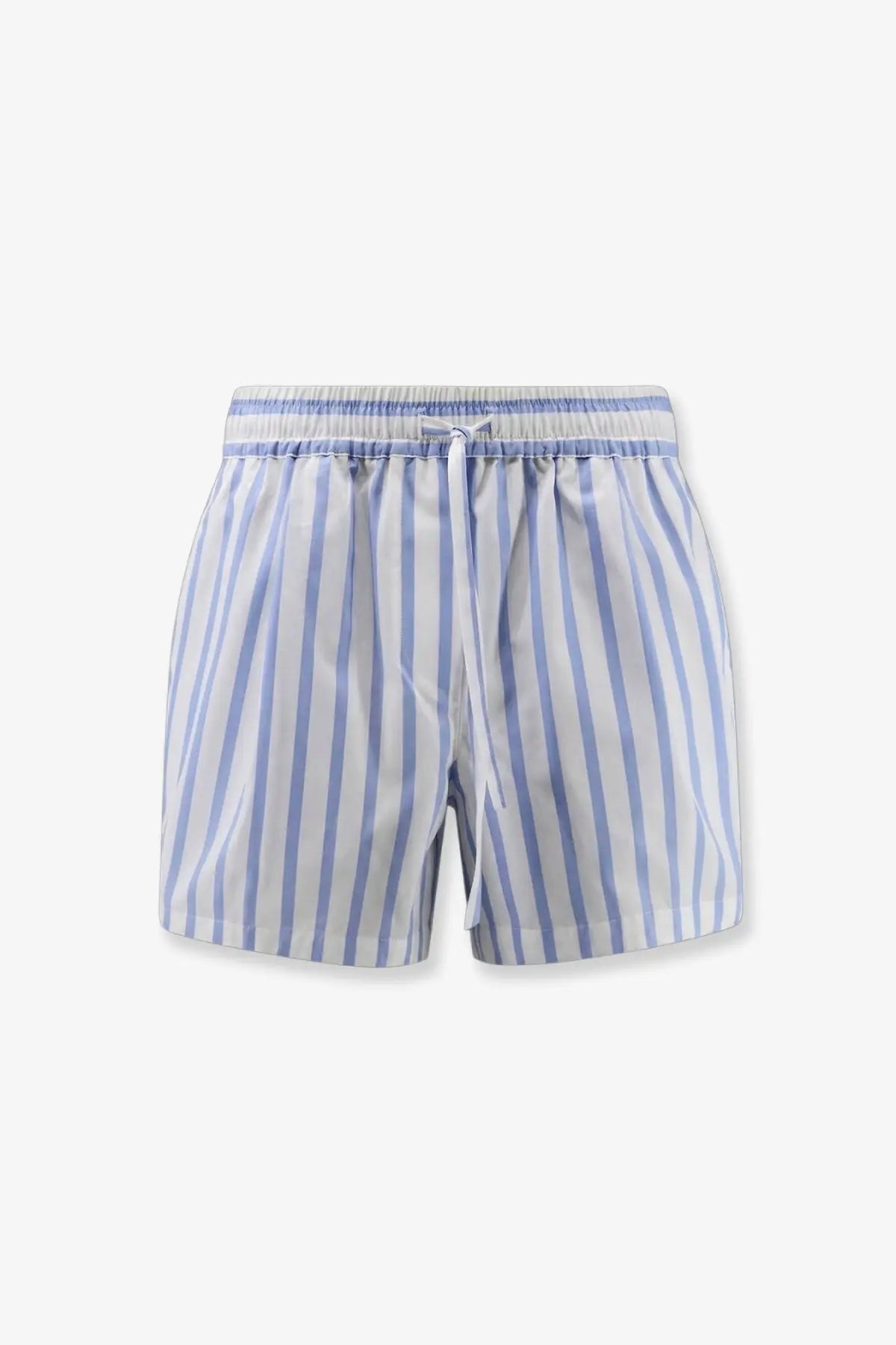 Light blue and white vertically striped Dolce &amp; Gabbana women’s cotton and silk swim trunks with elastic waistband and drawstring