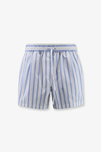 Light blue and white vertically striped Dolce &amp; Gabbana women’s cotton and silk swim trunks with elastic waistband and drawstring