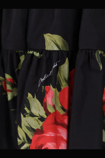 Dolce &amp; Gabbana women’s black cotton skirt with bold red roses green leaves and signature embroidery