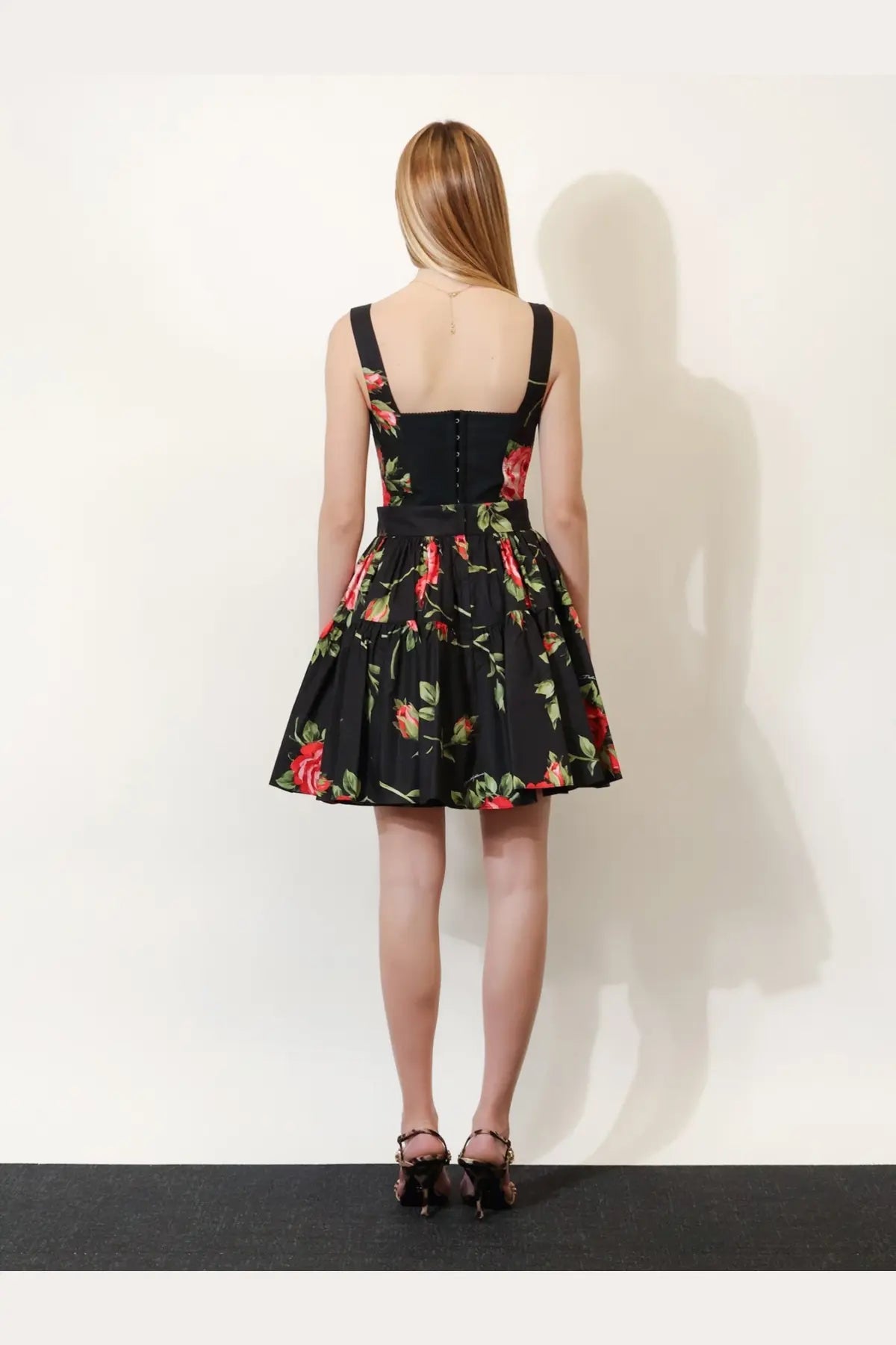 Dolce &amp; Gabbana women’s black cotton mini skirt dress with red rose floral print square neckline and fitted waistband