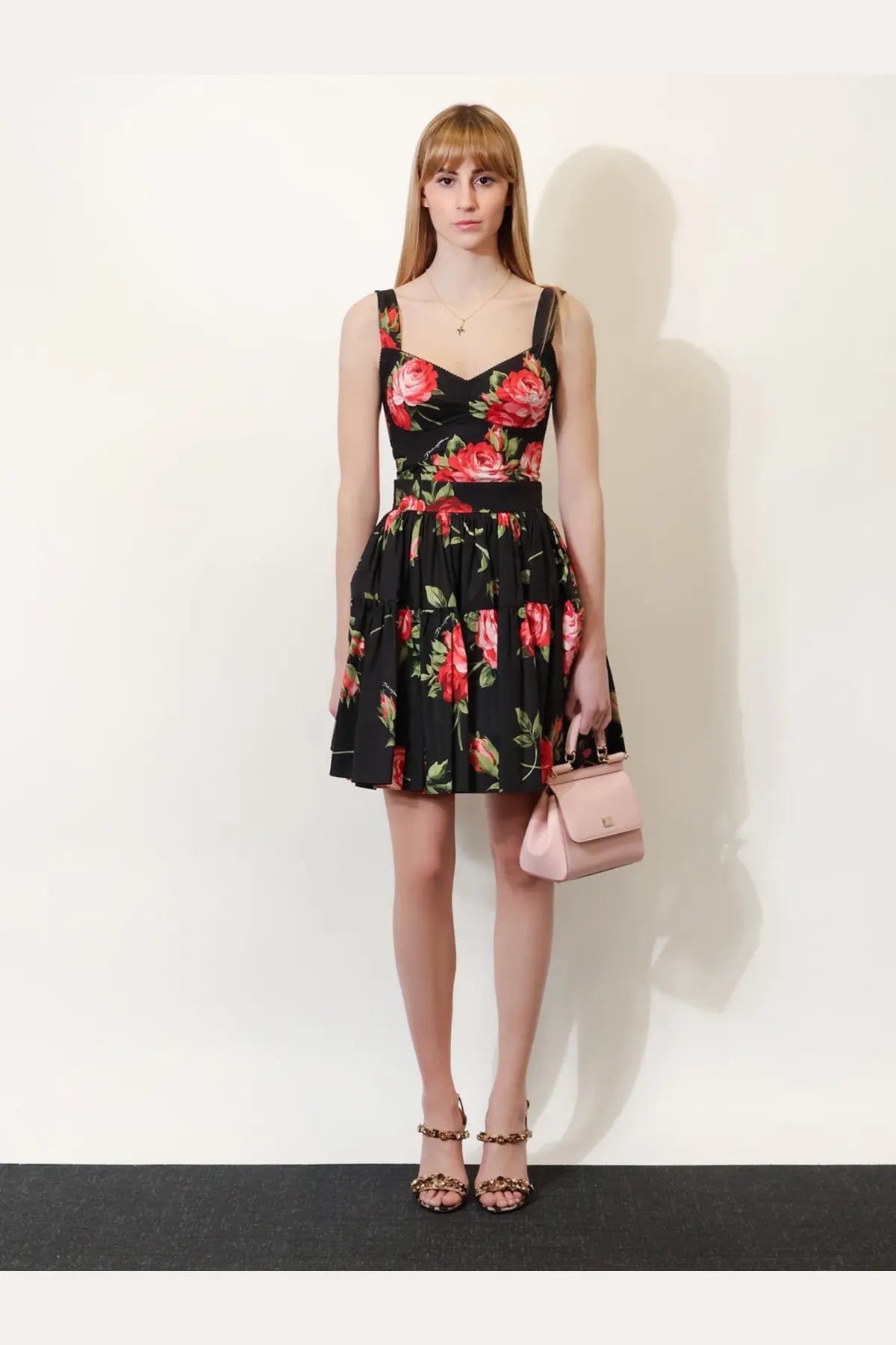 Dolce &amp; gabbana women’s black cotton mini dress with red rose floral print thin straps and cinched waist