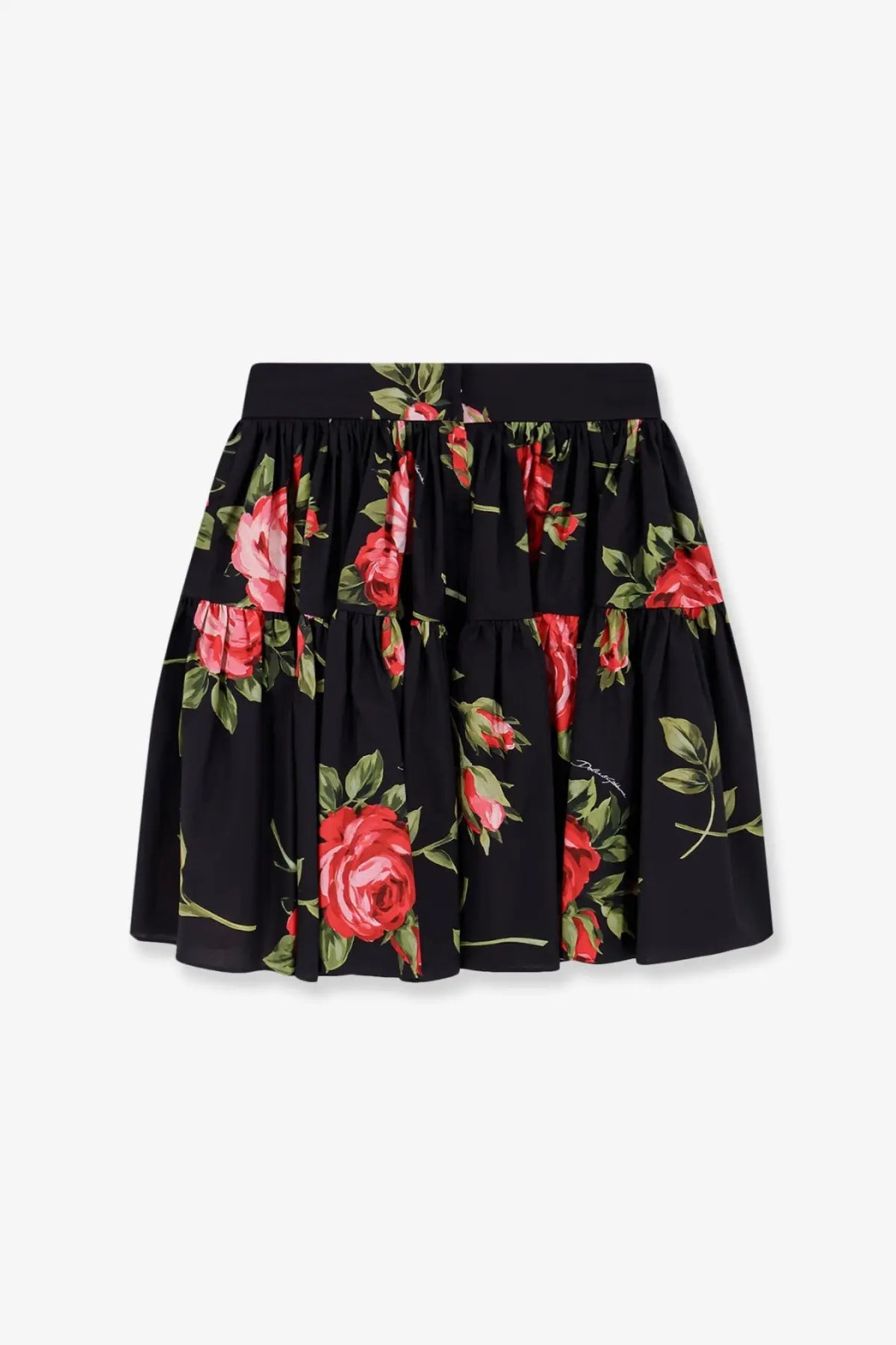 Dolce &amp; gabbana women’s cotton skirt in black with vibrant red rose and green leaf floral print on soft flowing fabric