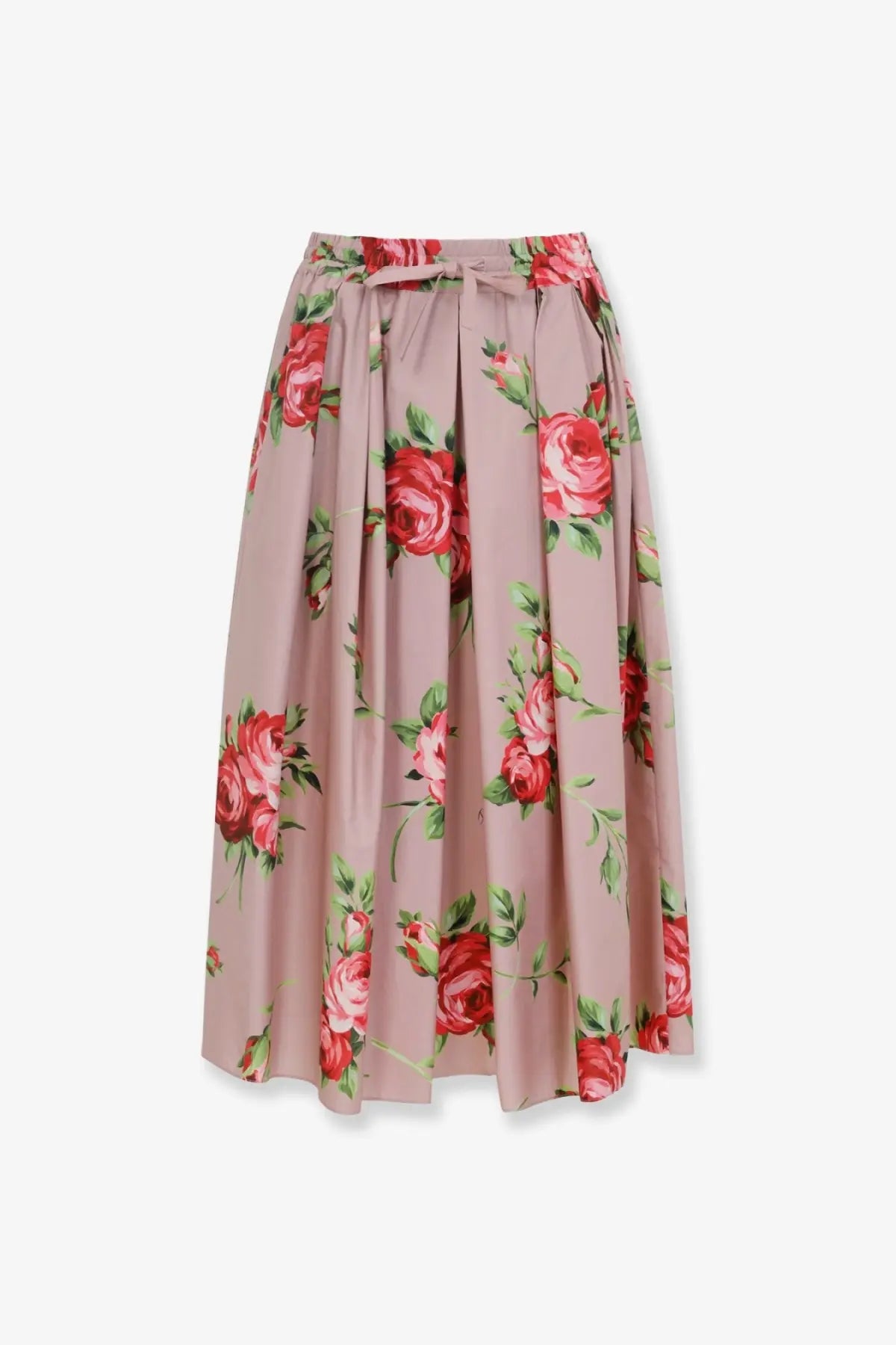 Dolce &amp; Gabbana women’s pink cotton midi skirt with flowing floral print and matching drawstring waistband