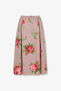 Dolce and gabbana women’s pink cotton midi skirt with flowing fabric and vibrant red rose floral pattern