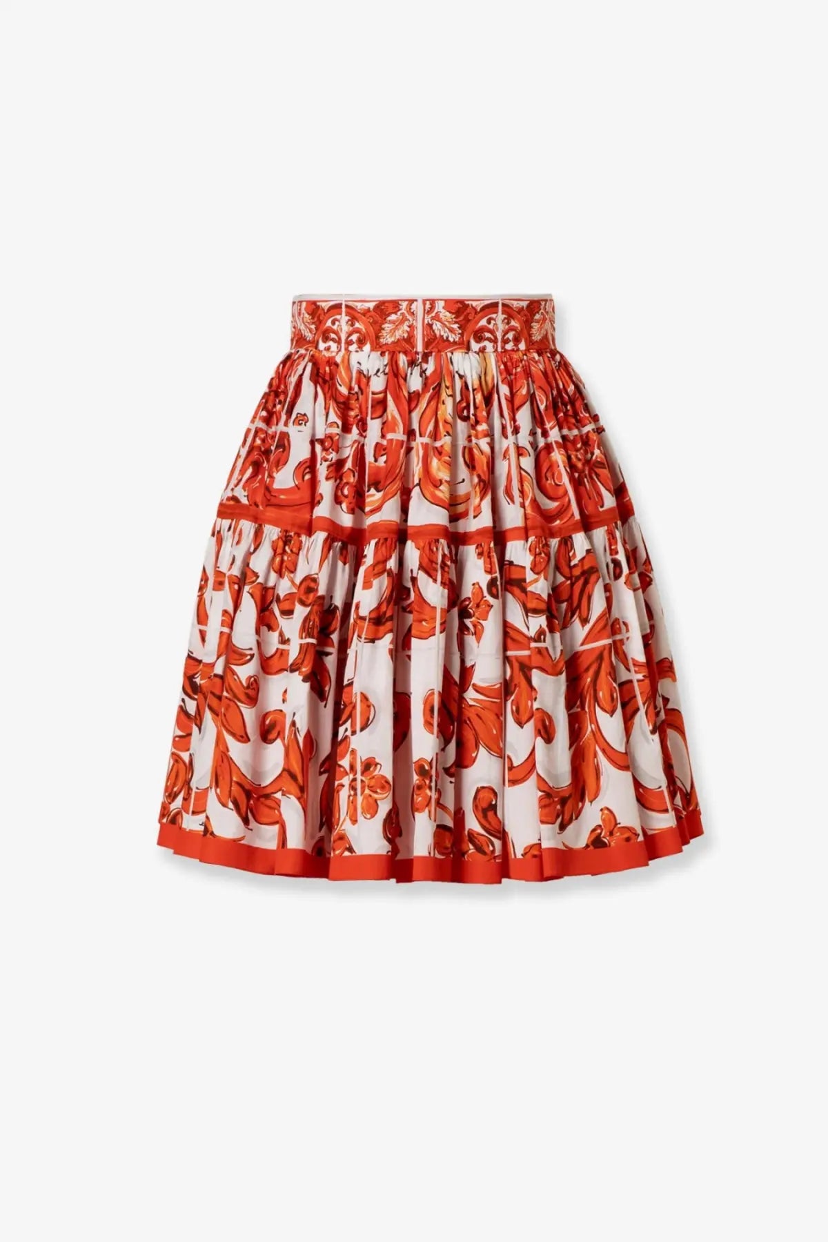 Dolce &amp; Gabbana women’s cotton flared skirt with vibrant orange and white floral pattern and solid orange hem trim