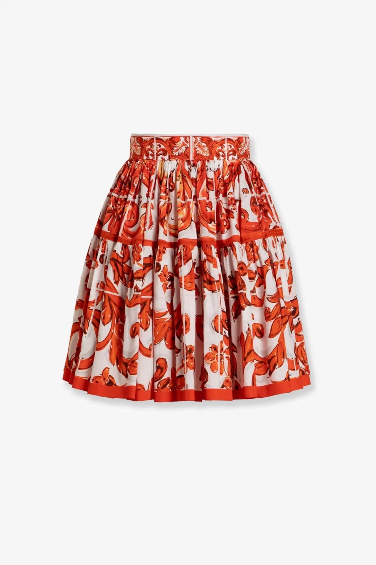 Dolce &amp; Gabbana women’s cotton skirt with vibrant orange and white floral pleated layers and elastic waistband