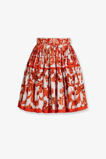 Dolce &amp; Gabbana women’s cotton skirt with vibrant orange and white floral pleated layers and elastic waistband