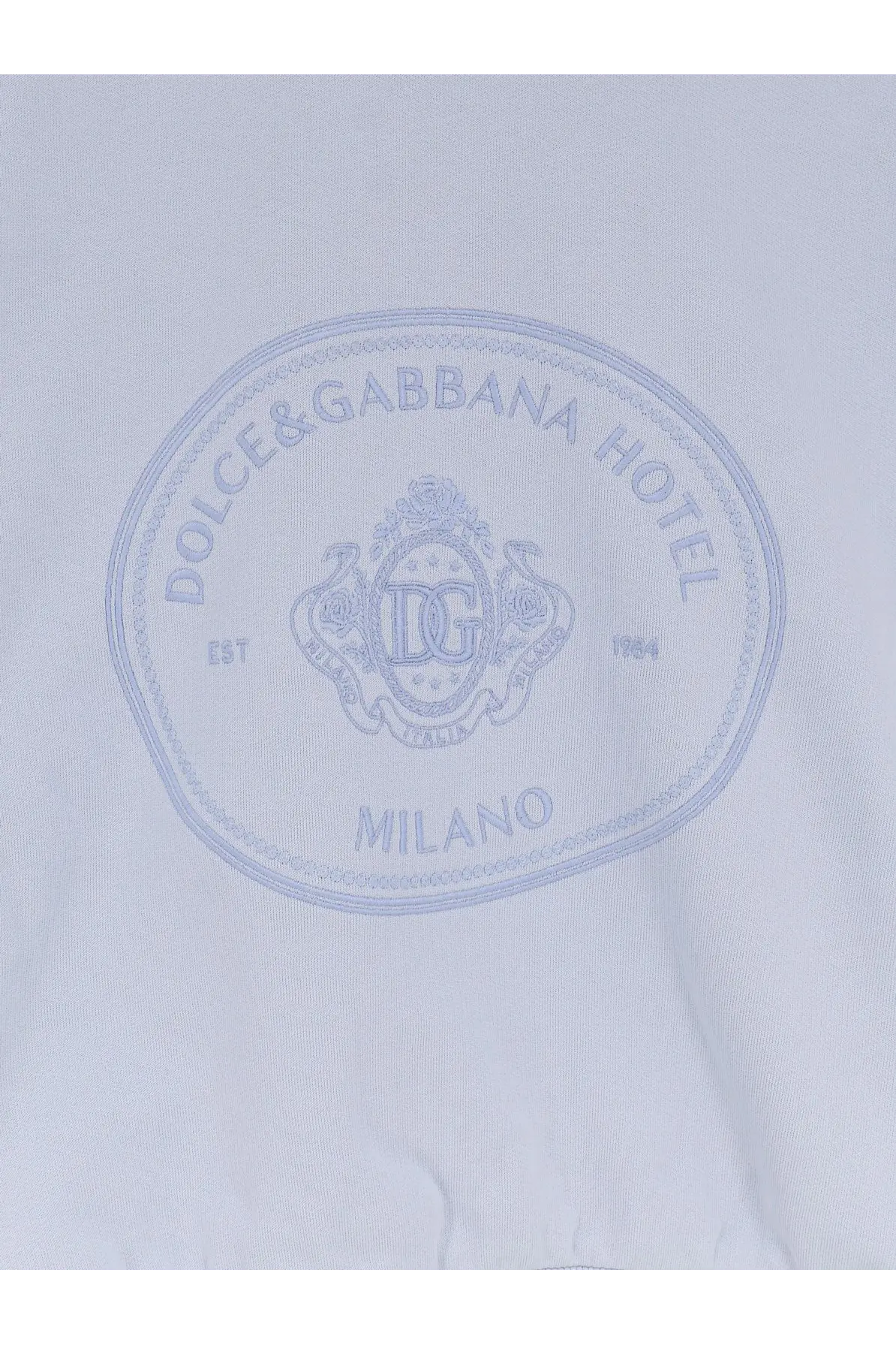 Dolce and gabbana womens grey cotton sweatshirt with white embroidered hotel logo on light blue fabric back