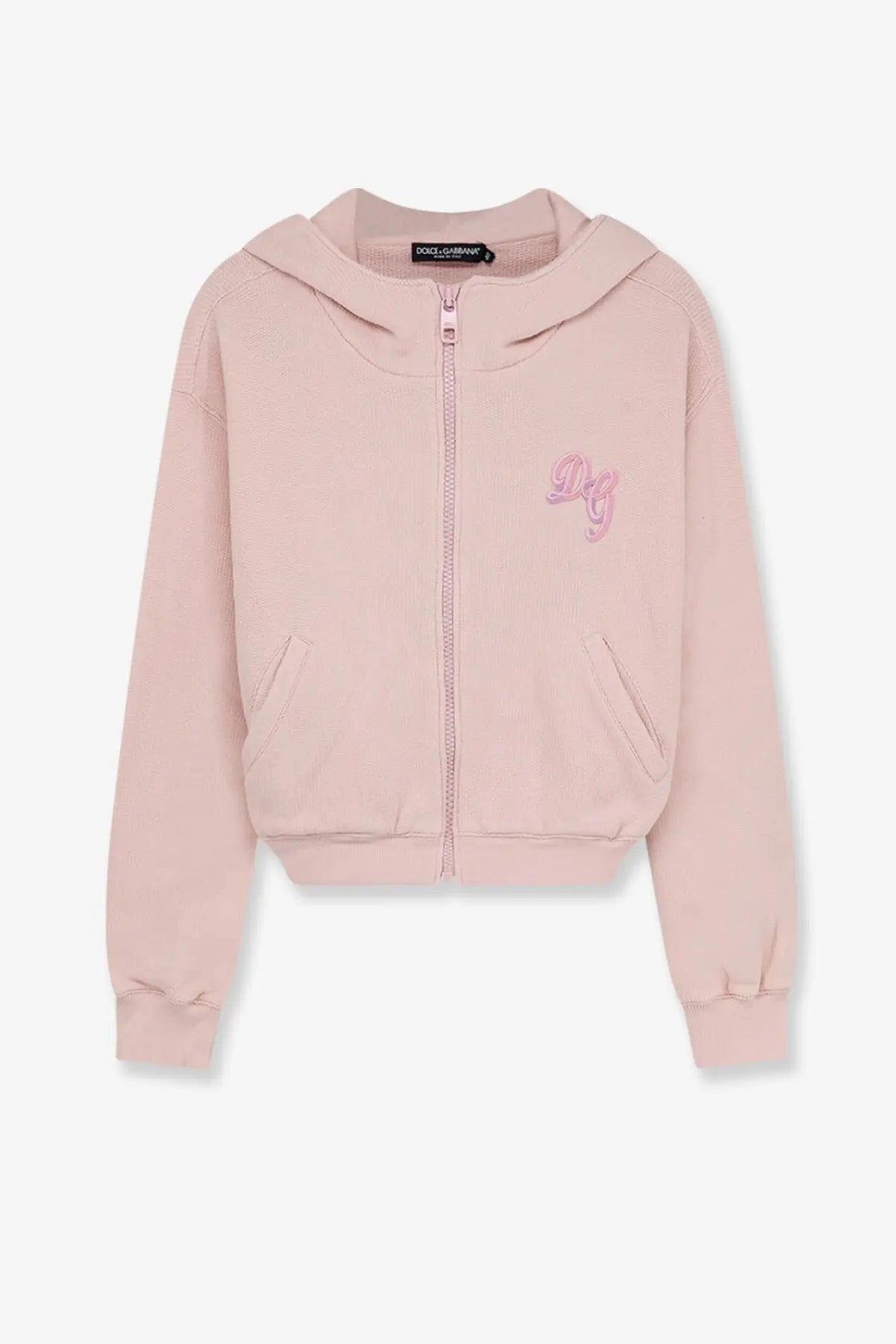 Dolce &amp; Gabbana women’s pink cotton zip-up hoodie with ribbed texture and embroidered dg logo on the chest