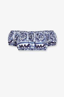Dolce &amp; Gabbana women’s blue and white cotton off shoulder bloomers with ruffled elastic waistband