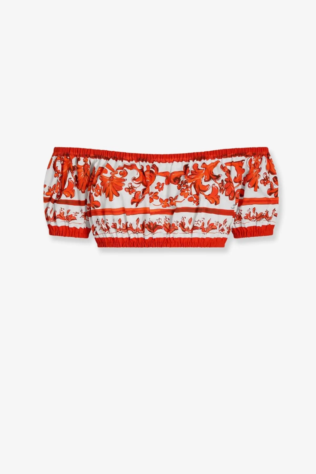Dolce &amp; Gabbana women’s cotton off-shoulder bandeau top in white and orange floral pattern with elasticized edges