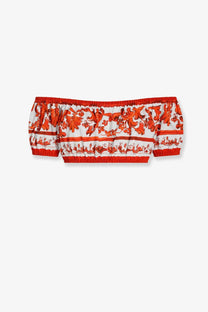 Dolce &amp; Gabbana women’s cotton off-shoulder bandeau top in white and orange floral pattern with elasticized edges