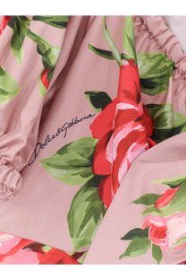 Dolce &amp; Gabbana women’s pink cotton top with vibrant red and green floral print and ruffled detailing