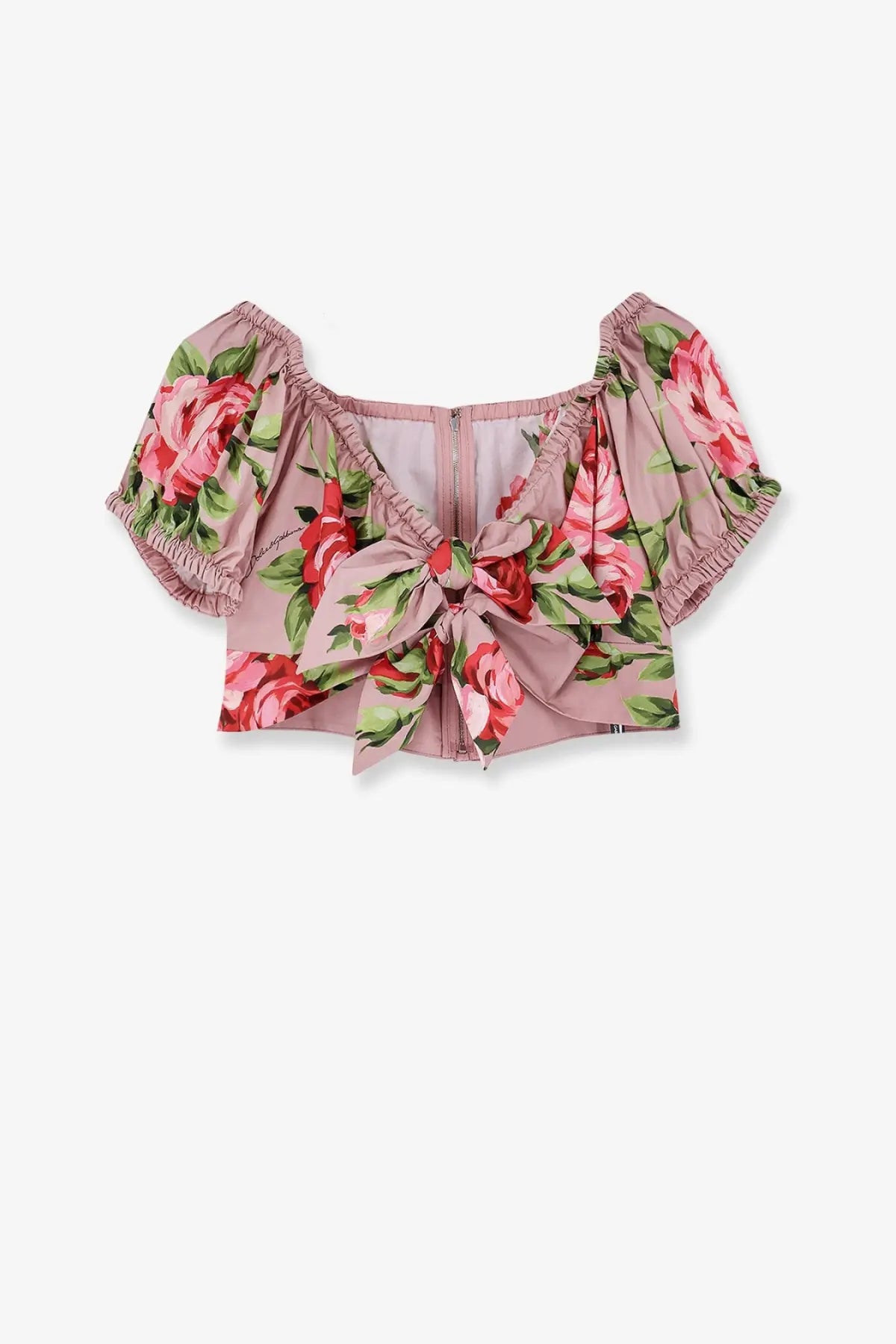 Dolce &amp; Gabbana women’s pink cotton crop top with floral print puffed sleeves and a central front bow