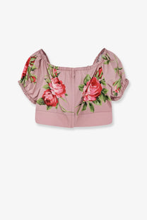 Dolce &amp; Gabbana women’s pink cotton crop top with puffy sleeves square neckline and red rose print
