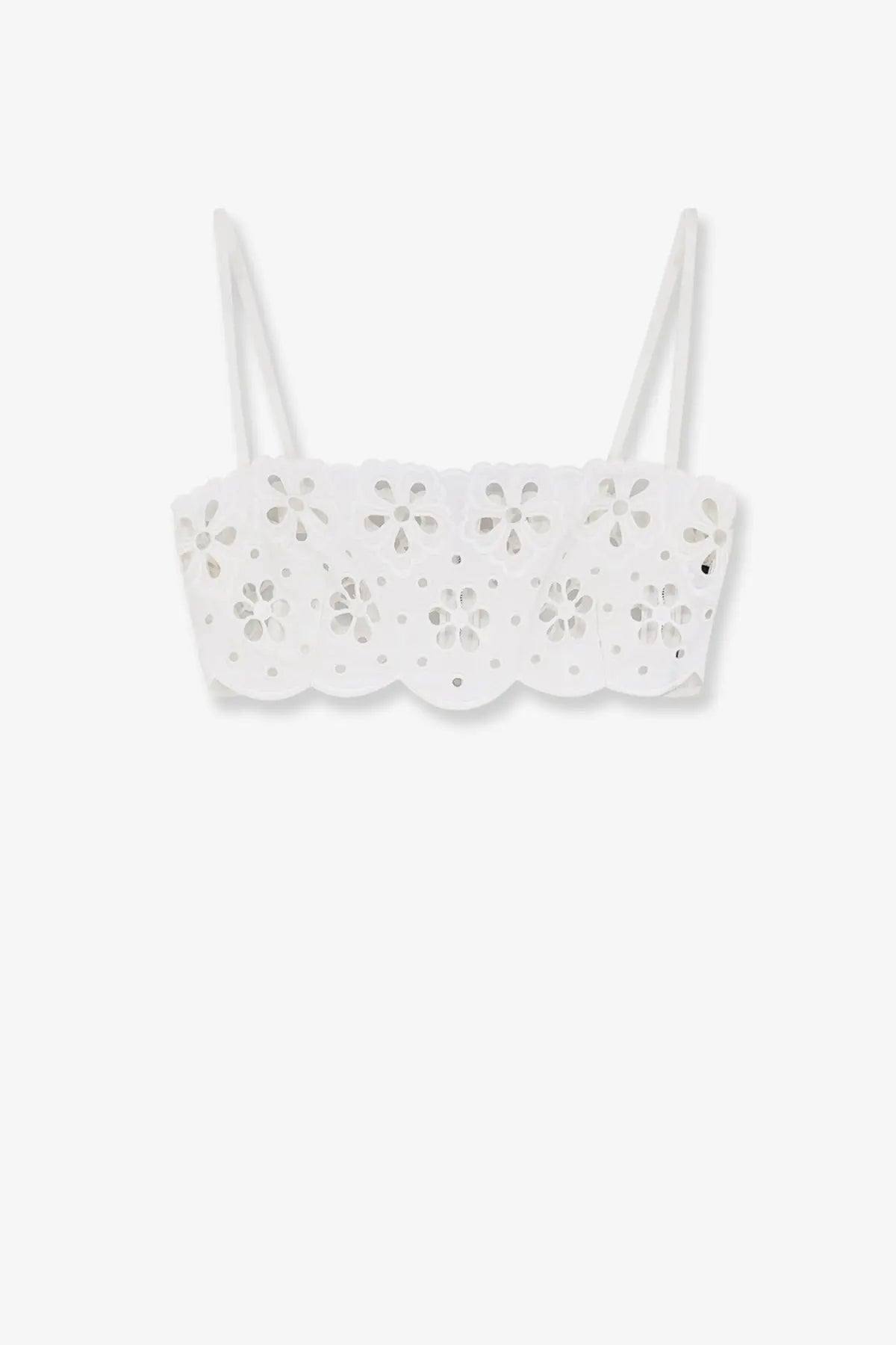 Dolce &amp; Gabbana women’s white cotton floral lace crop top with scalloped edges and thin straps