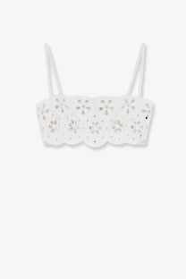 Dolce &amp; Gabbana women’s white cotton floral lace crop top with scalloped edges and thin straps