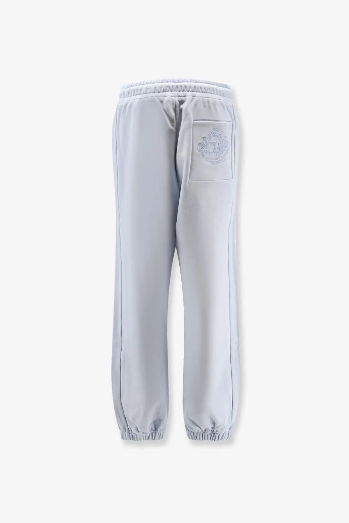 Back view of dolce &amp; gabbana women cotton light gray sweatpants with subtle embroidered logo on the back pocket