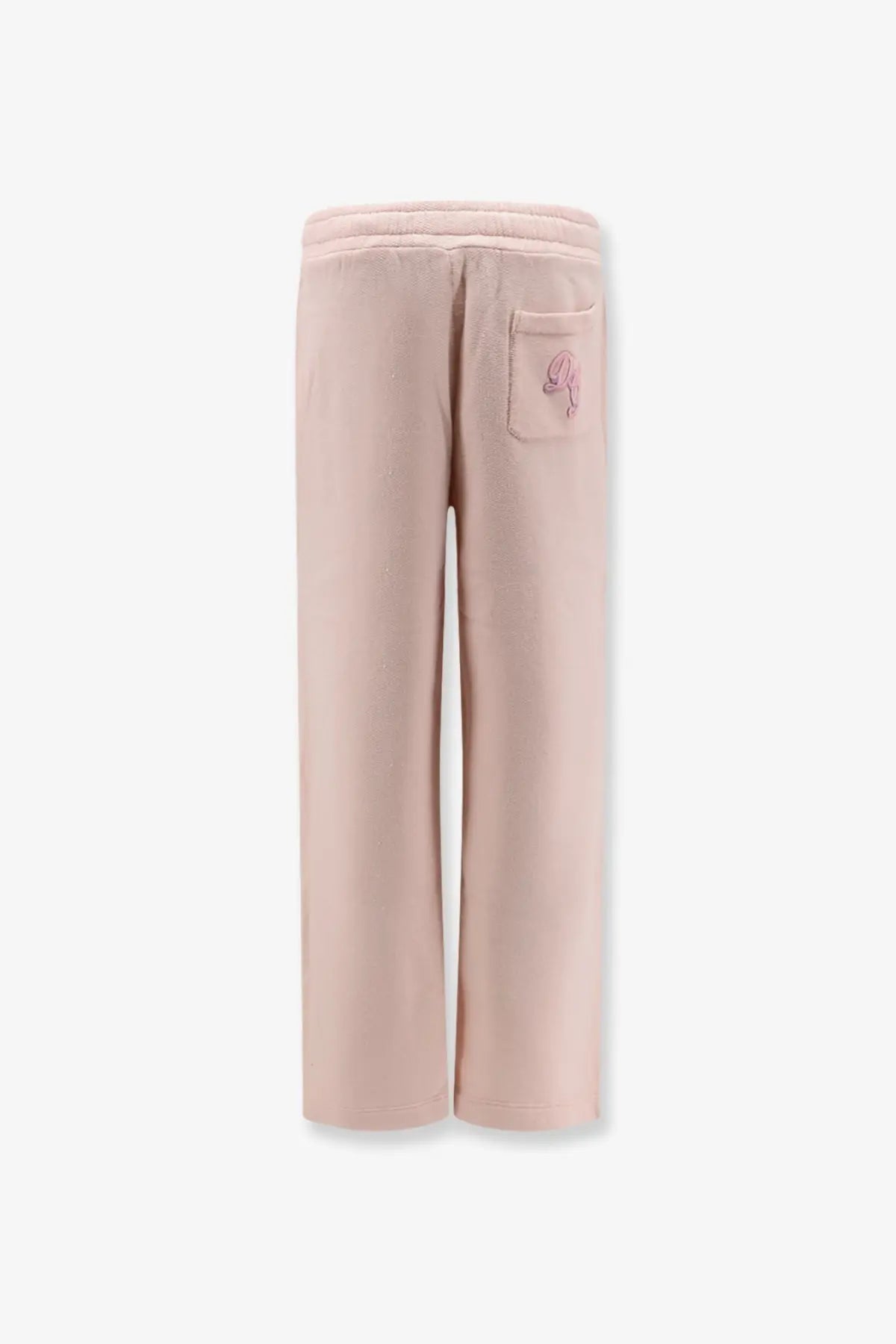 Soft blush pink cotton sweatpants with ribbed waistband and embroidered logo on back pocket shown from the back side