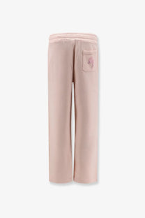 Soft blush pink cotton sweatpants with ribbed waistband and embroidered logo on back pocket shown from the back side