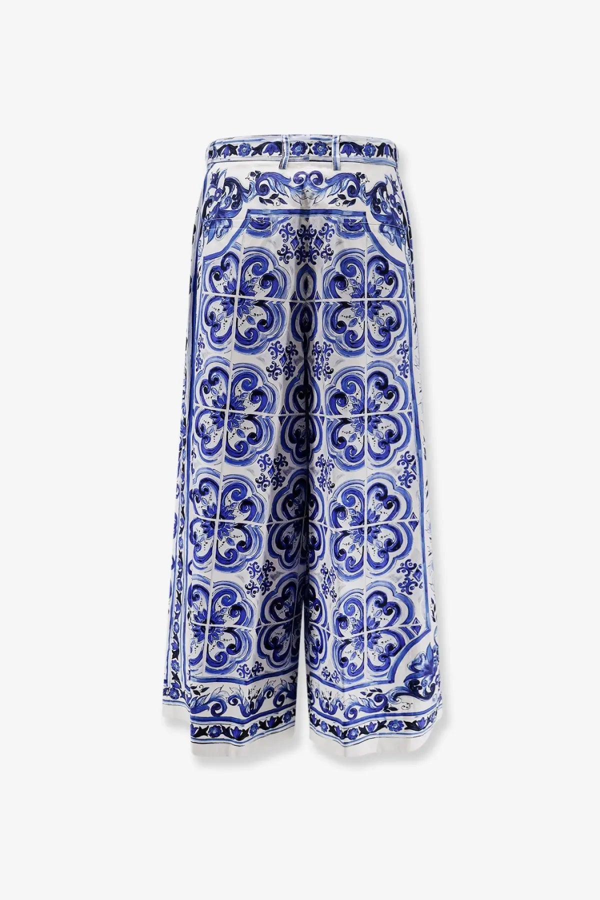 Dolce and gabbana women’s cotton trousers with white and blue ceramic tile patterned wide-leg design