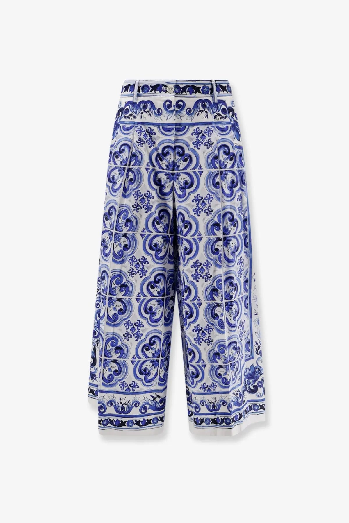 Dolce &amp; gabbana women’s cotton trousers white featuring blue and white tile-inspired wide-leg pattern