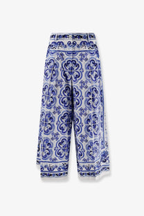 Dolce &amp; gabbana women’s cotton trousers white featuring blue and white tile-inspired wide-leg pattern