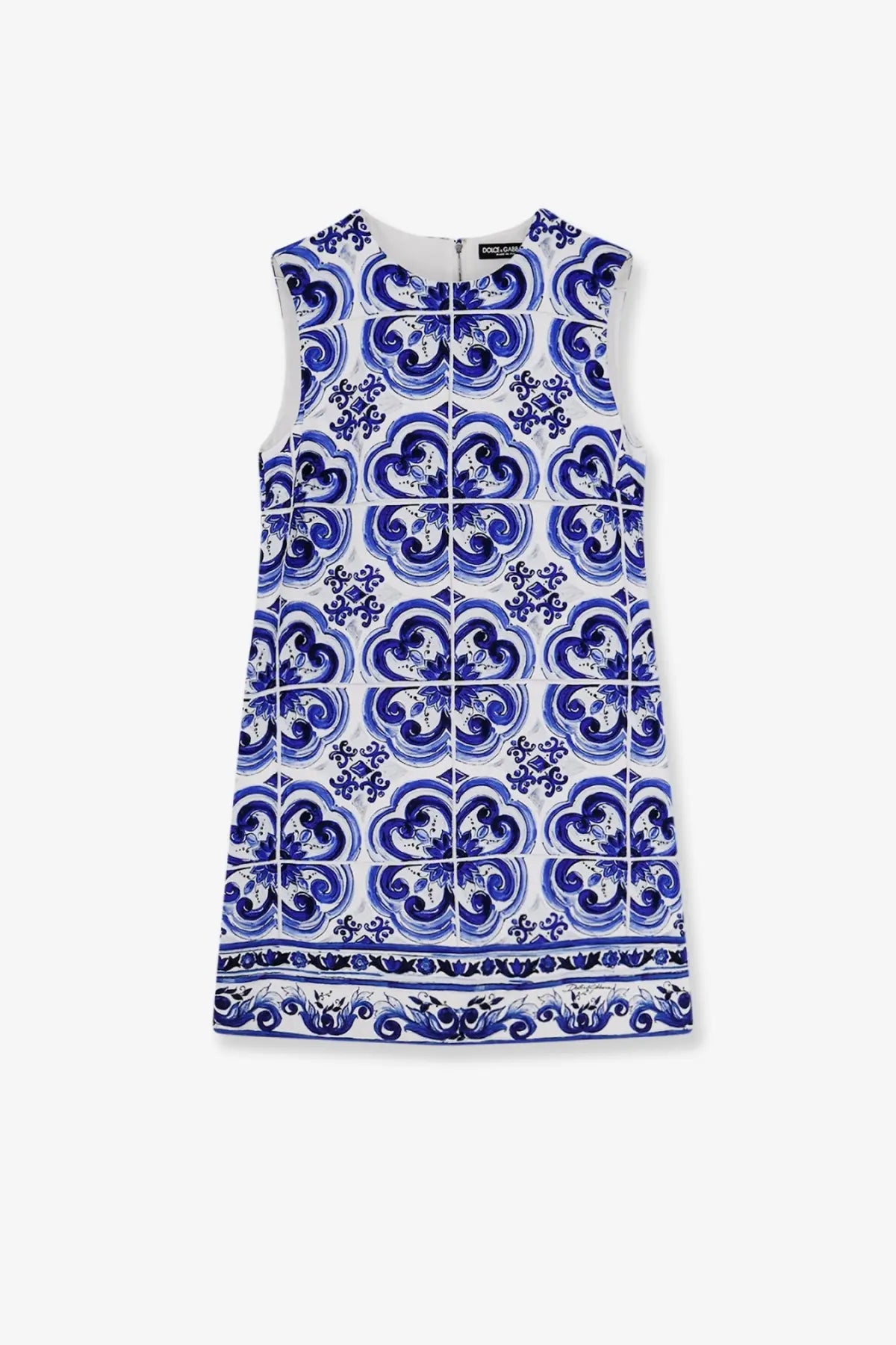 Dolce &amp; Gabbana women’s sleeveless white cotton and viscose dress with bold blue ceramic tile pattern and decorative hem motifs