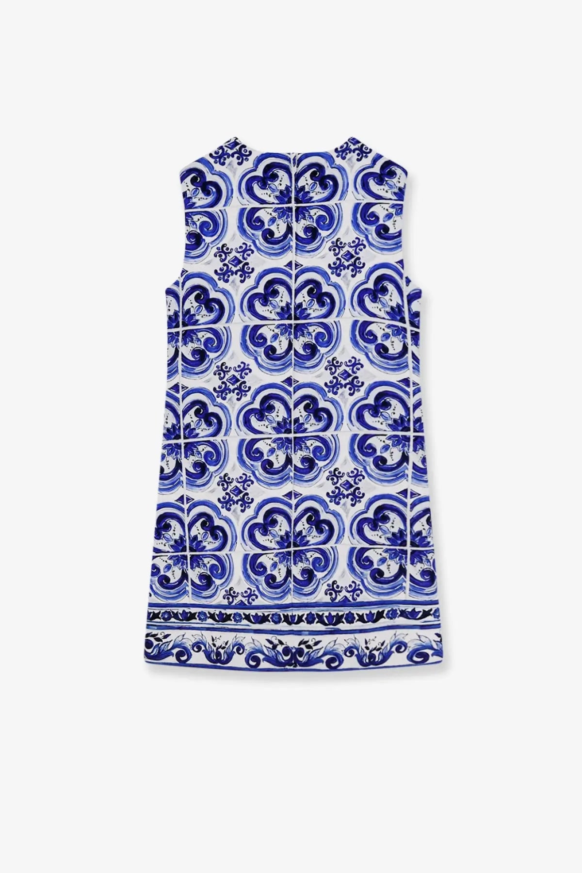 Dolce &amp; Gabbana women’s sleeveless white cotton and viscose dress with blue ceramic tile pattern and swirling motifs