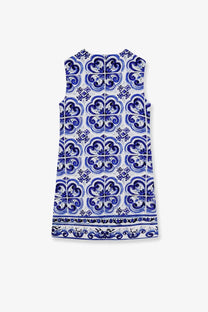 Dolce &amp; Gabbana women’s sleeveless white cotton and viscose dress with blue ceramic tile pattern and swirling motifs
