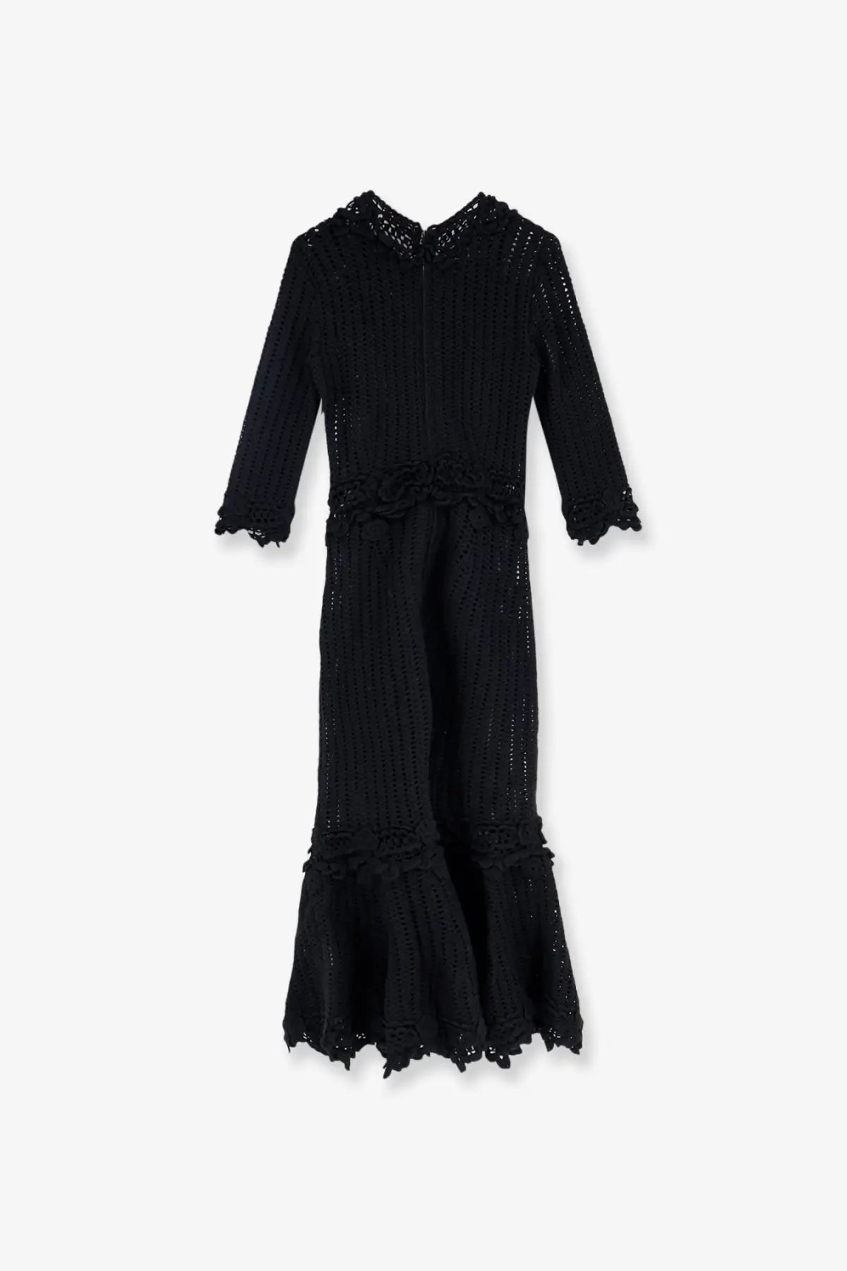 Dolce &amp; Gabbana women’s black crochet fabric knitted dress with high collar three-quarter sleeves and ruffled hem